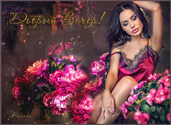 Открытка «Женщина»: Добрый Вечер! Нежная открытка с цветами и женщиной. Тэги: девушка, красивая, настроение, нежная…
