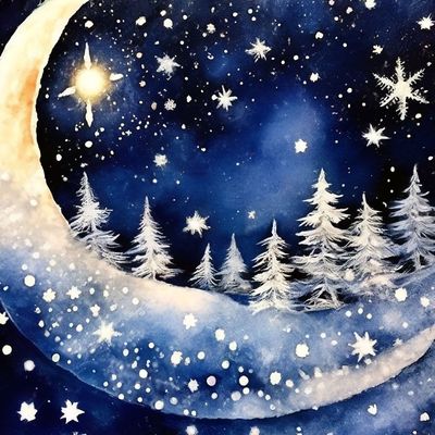 Открытка «Сказка»: Зимняя звездная ночь и сказочный лес снегом. Тэги: зима, природа, снег, фон, узор, лес, красота…