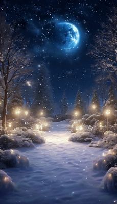 Открытка «Красивая»: Волшебная зимняя ночь под сияющей луной. Тэги: нежная, зима, природа, снег, лес, пейзаж, яркая…