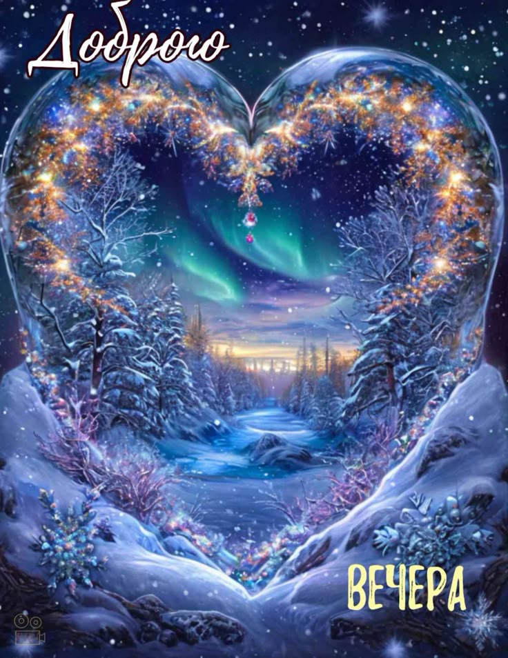 Открытка «Красивая»: Доброе вечер зимняя открытка с сиянием. Тэги: сердце, зима, природа, снег, лес, пейзаж, добрый в…