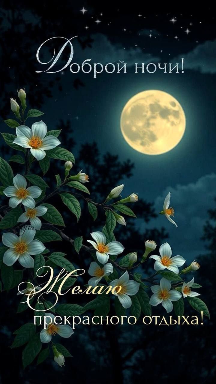 Открытка «Пожелание»: Добрый ночи! Чудесный отдых под луной. Тэги: красивая, цветок, нежная, природа, отдых, небо, сон…