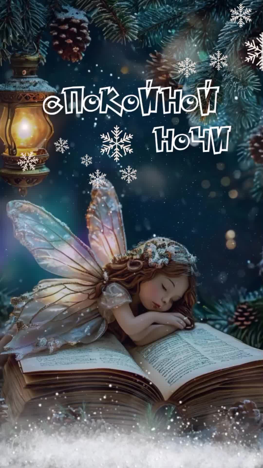 Открытка «Фонарь»: Спокойной ночи: волшебная фея и сладких снов. Тэги: сказка, зима, милый, книга, природа, девочка…
