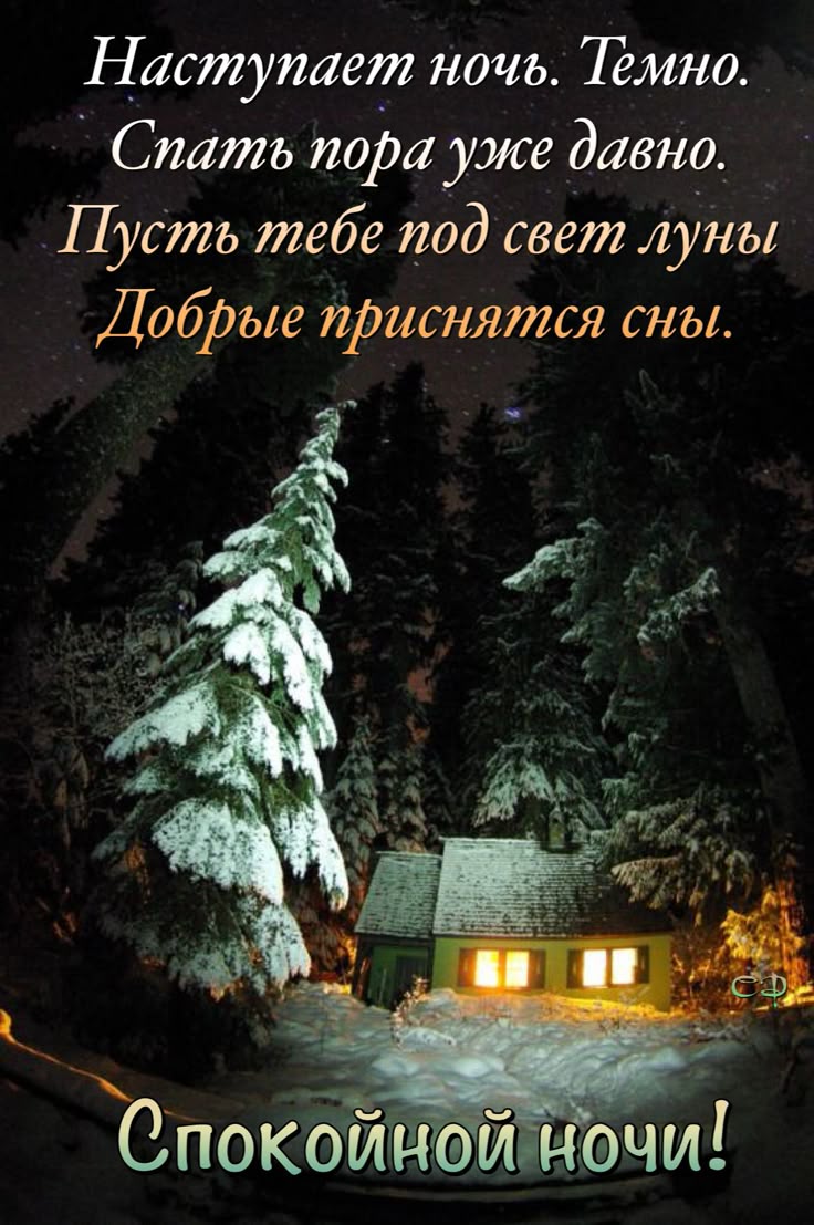 Открытка «Пожелание»: Спокойной ночи: уютный дом в зимнем лесу. Тэги: красивая, домик, зима, природа, ель, снег, лес…