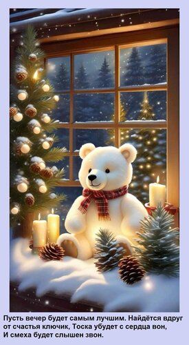 Открытка «Пожелание»: Уютный вечер: мишка, снег и огоньки счастья. Тэги: улыбка, красивая, позитив, радость, окно…