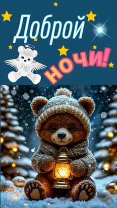 Открытка «Животное»: Добрый ночи! Милый медвежонок с фонариком. Тэги: пожелание, шапка, красивая, настроение, зима…