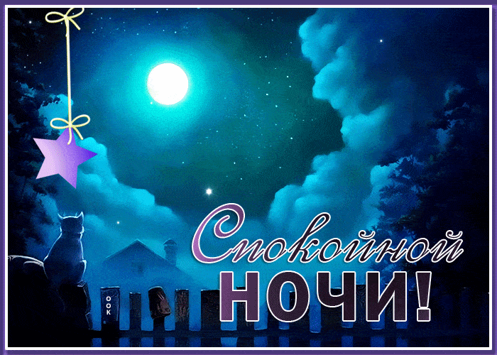 Открытка «Кот»: Спокойной ночи! Волшебная открытка с котом и луной. Тэги: животное, пожелание, красивая, домик…