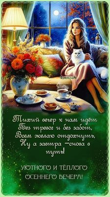 Открытка «Кот»: Уютный осенний вечер: пожелание отдыха и тепла. Тэги: животное, пожелание, женщина, кофе, осень, окно…