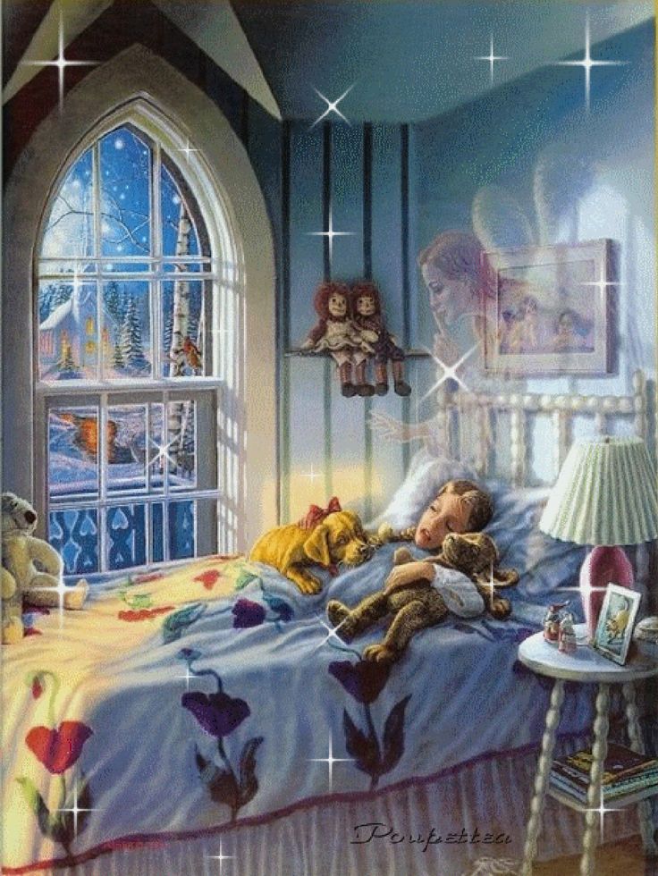 Открытка «Животное»: Сладких снов: ангел и ребенок в зимнюю ночь. Тэги: окно, ребенок, нежная, зима, милая, собака…